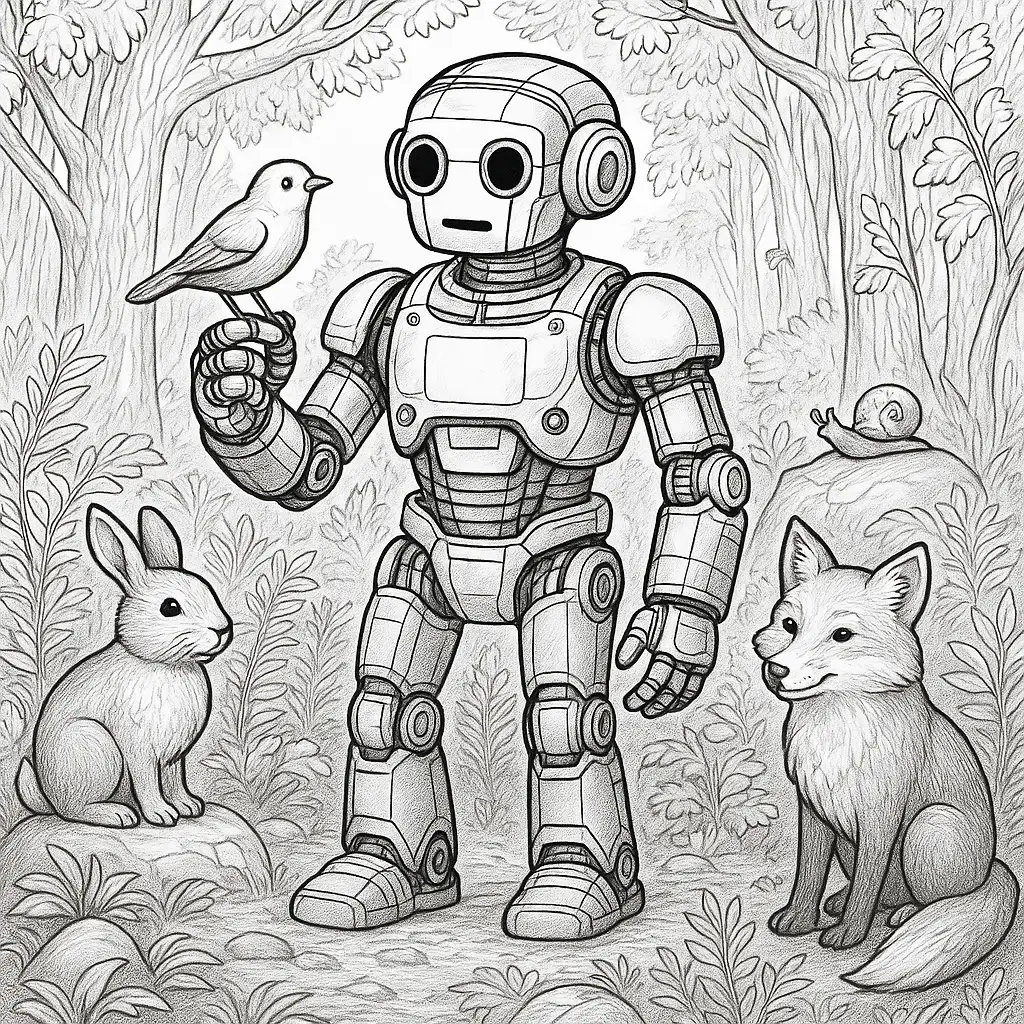 30 Roboter Ausmalbilder (Kostenlose Malvorlage PDF drucken) Ausmalbild eines hochwertigen, freundlichen Roboters im wilden Wald – umgeben von Tieren und Natur