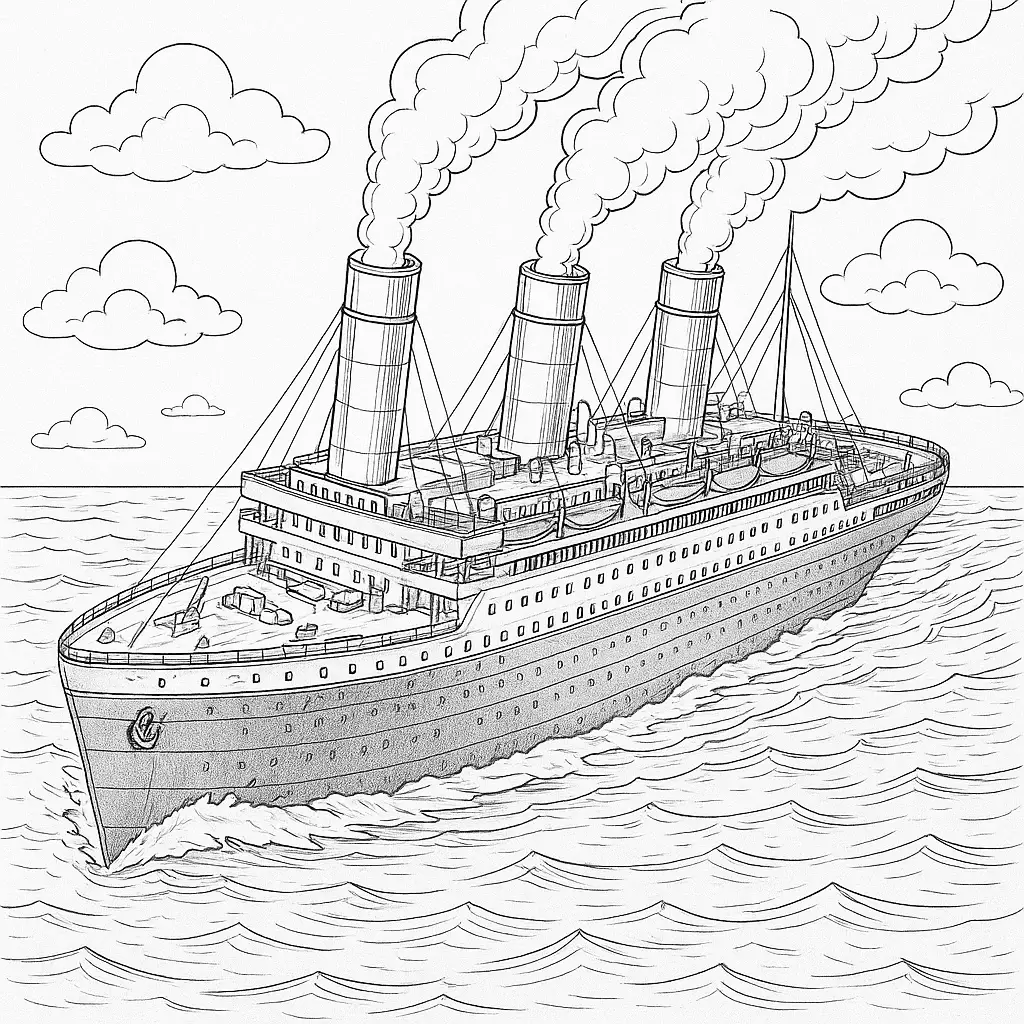Titanic Ausmalbilder – Detaillierte Draufsicht auf die Titanic mit Rauch aus Schornsteinen und realistischer Ozeanszene