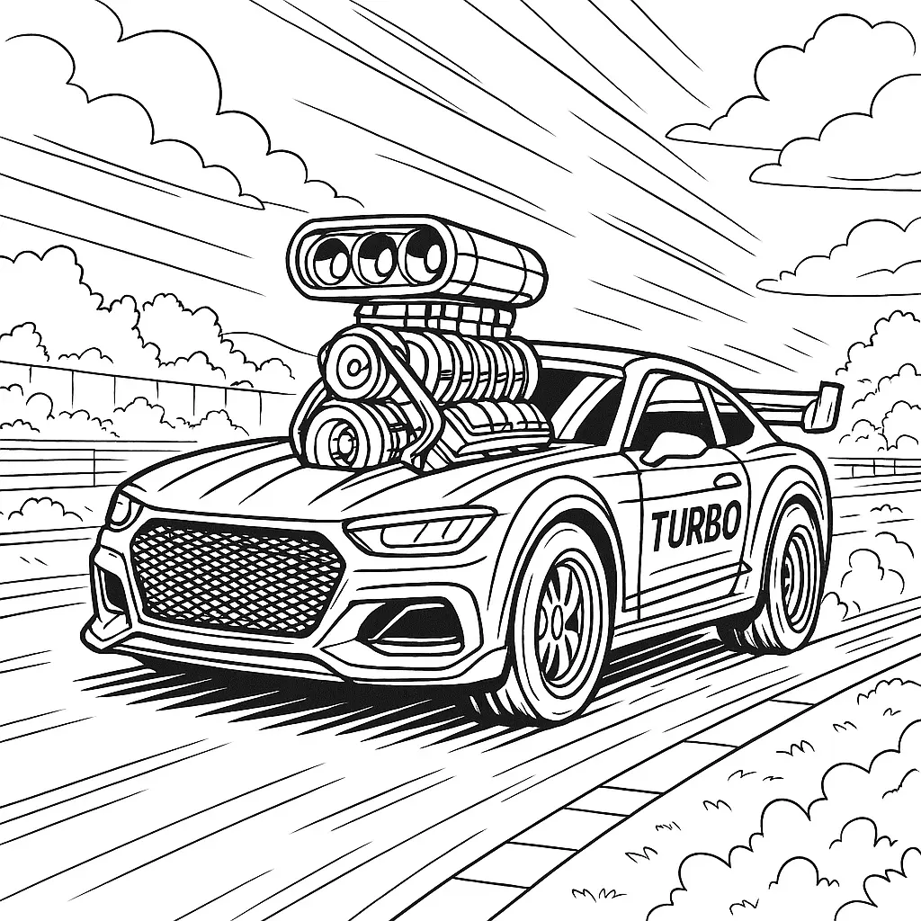 40 Rennautos Ausmalbilder (Kostenlose Malvorlage Drucken) Turbo Rennauto Ausmalbild – Rennwagen mit Turbo-Power auf der Rennstrecke