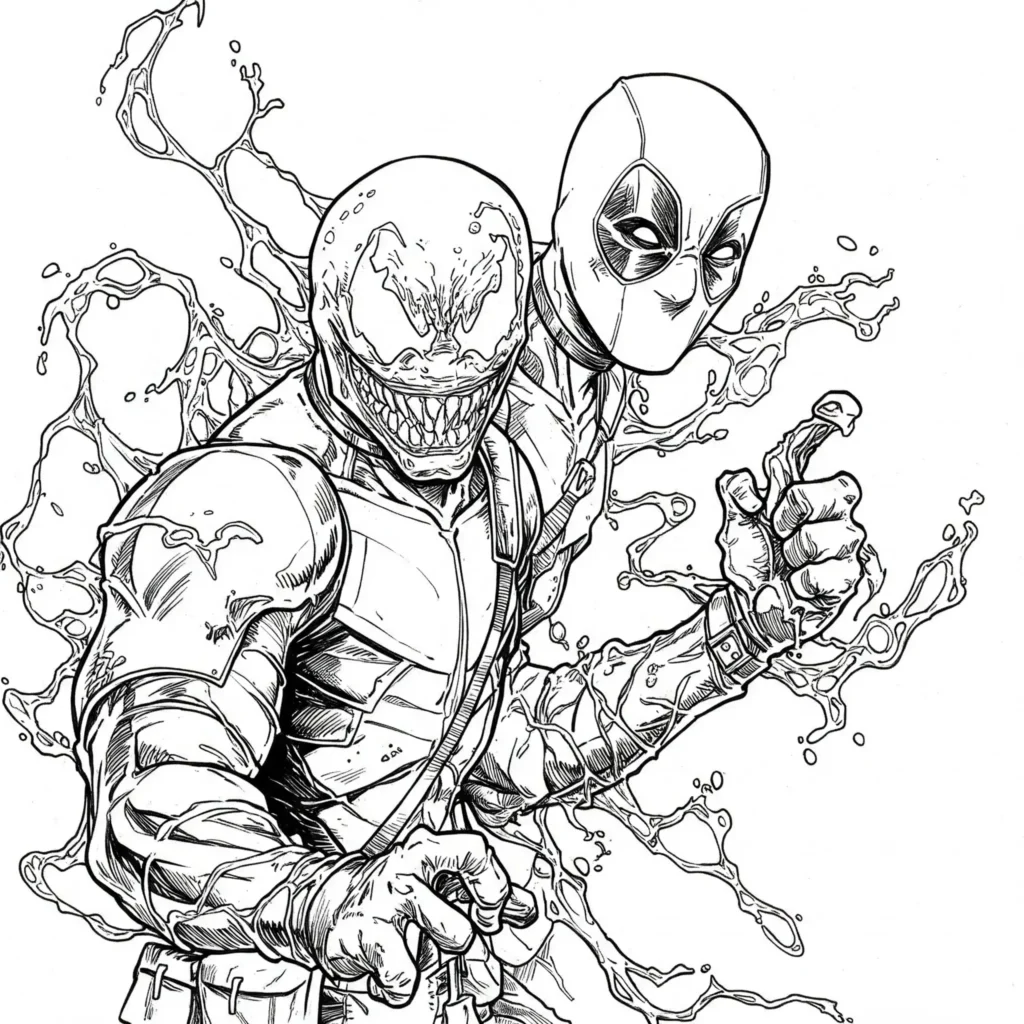 22 Deadpool Ausmalbilder Coole Marvel Malvorlage PDF drucken Venom Deadpool Ausmalbilder – epische Malvorlage mit einer Mischung aus Venom und Deadpool zum Ausmalen.