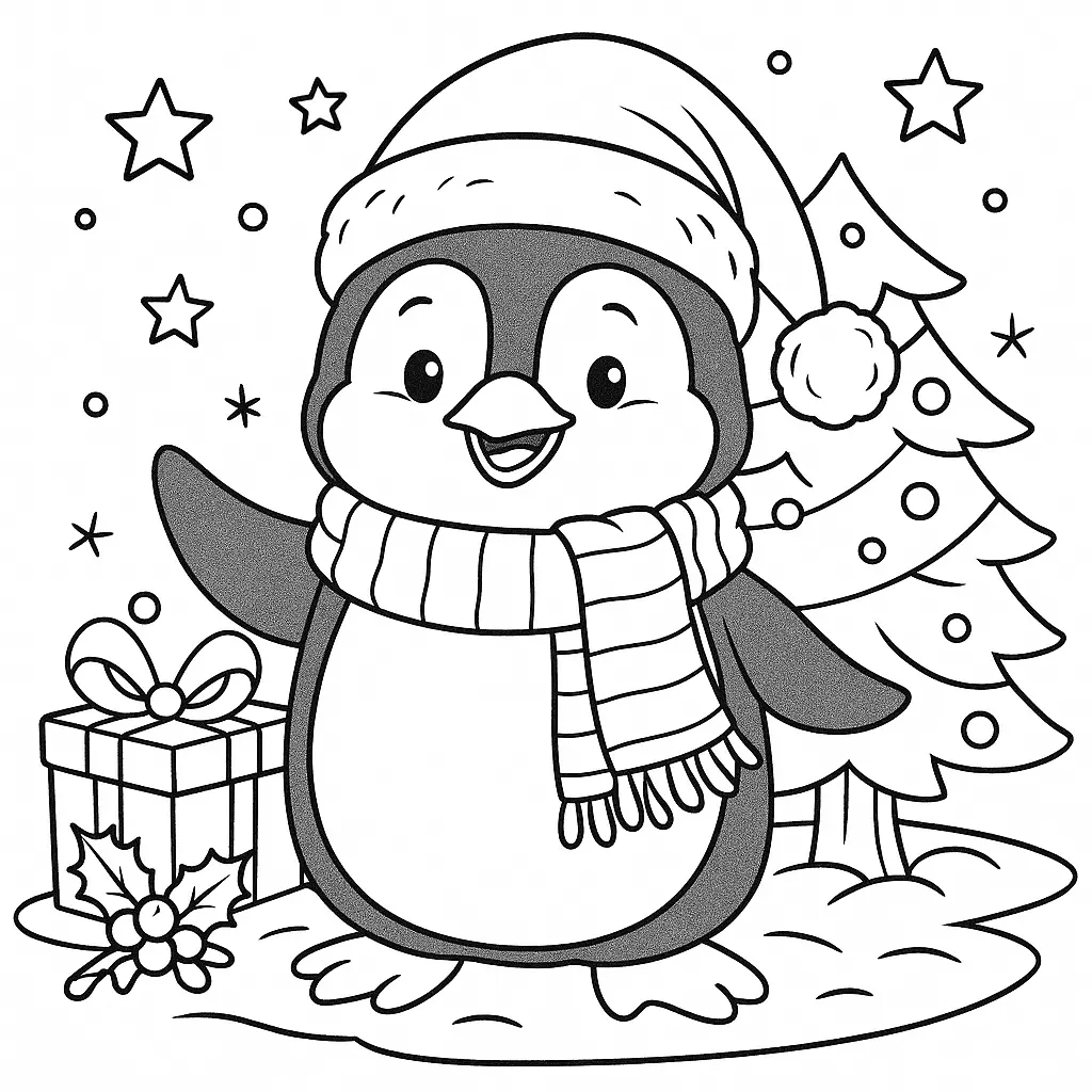 Fröhlicher Pinguin mit Weihnachtsmütze, Schal und Geschenken vor einem Weihnachtsbaum als Ausmalbild