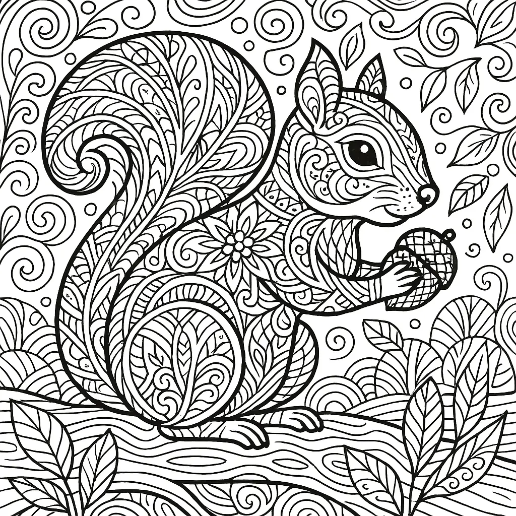 Zentangle Ausmalbild eines Eichhörnchens mit komplexen Mustern, Blättern, Ornamenten und floralen Details – perfekt für Erwachsene