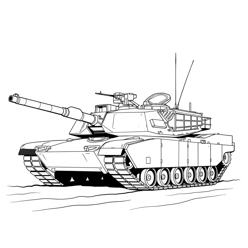 18 Panzer Ausmalbilder (Kostenlose Malvorlage zum Ausdrucken) Bewegender Panzer Ausmalbild – realistischer Kampfpanzer in Fahrt auf unebenem Gelände