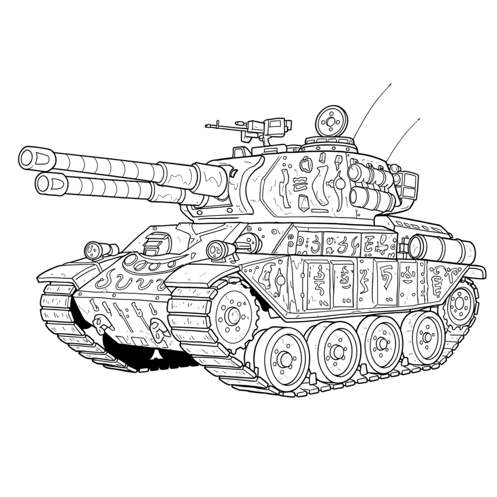 18 Panzer Ausmalbilder (Kostenlose Malvorlage zum Ausdrucken) Fantasy Panzer Ausmalbild – fantasievoller futuristischer Kampfpanzer in kreativer Landschaft