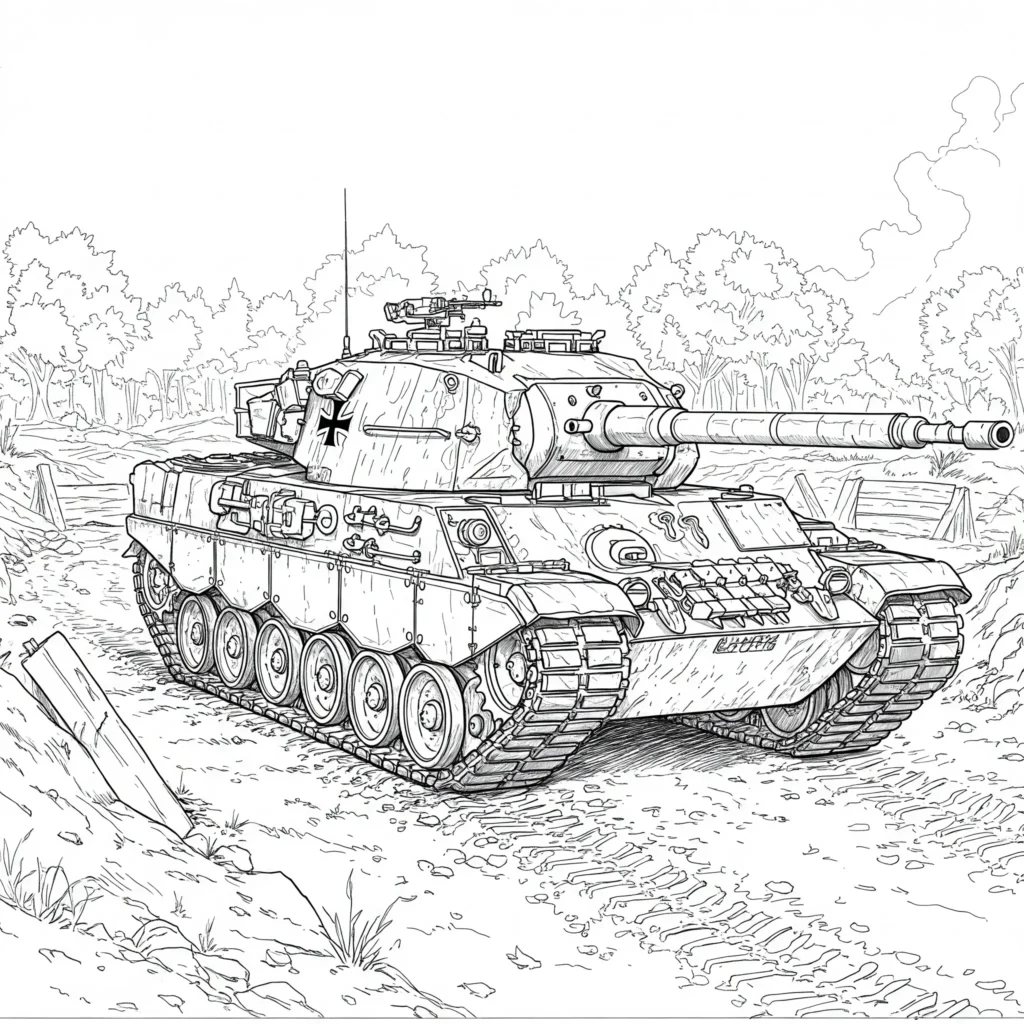 18 Panzer Ausmalbilder (Kostenlose Malvorlage zum Ausdrucken) Leopard Panzer Ausmalbild – moderner Kampfpanzer auf natürlicher Landschaft