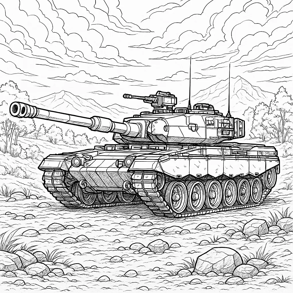 18 Panzer Ausmalbilder (Kostenlose Malvorlage zum Ausdrucken) Panzer Ausmalbild für Erwachsene – detaillierter realistischer Kampfpanzer mit komplexem Hintergrund
