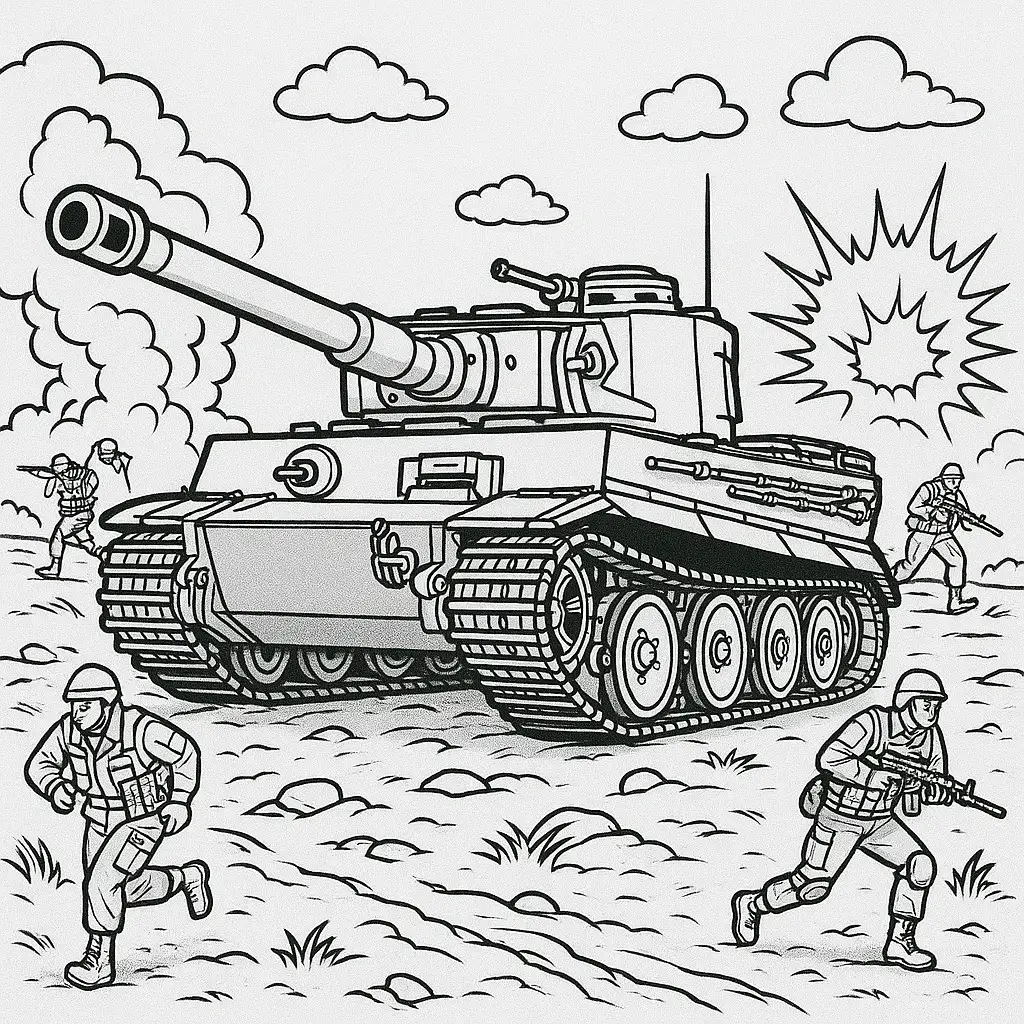 18 Panzer Ausmalbilder (Kostenlose Malvorlage zum Ausdrucken) Armee Ausmalbild – Panzer und Soldaten in einer realistischen Kampfszene mit Explosionen