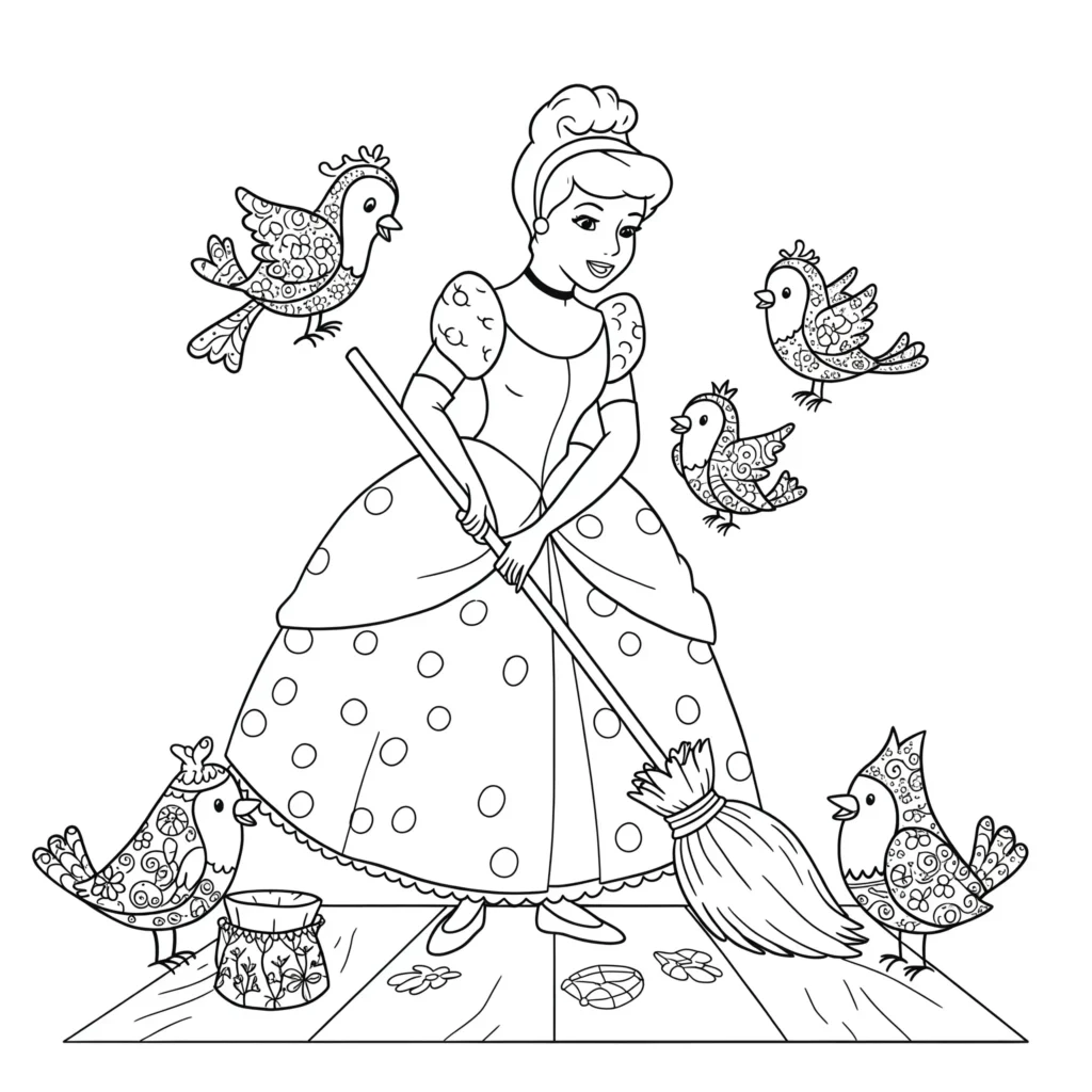18 Cinderella Ausmalbilder (Aschenputtel Malvorlage drucken) Ausmalbild von Aschenputtel, die den Boden fegt, umgeben von Vögeln