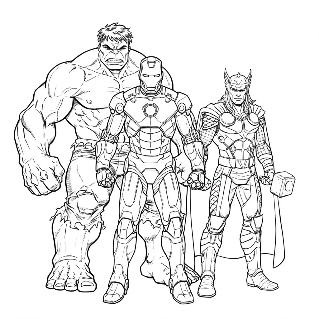 20 Hulk Ausmalbilder (Marvel Malvorlagen Kostenlos drucken) Hulk steht Seite an Seite mit Iron Man und Thor – starkes Avengers-Motiv zum Ausmalen für Kinder.