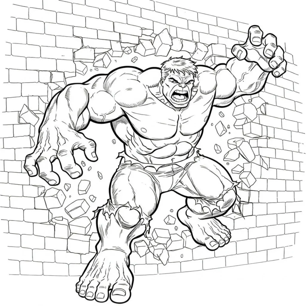 20 Hulk Ausmalbilder (Marvel Malvorlagen Kostenlos drucken) Hulk durchbricht mit voller Wucht eine Backsteinmauer – starke Action-Szene zum Ausmalen
