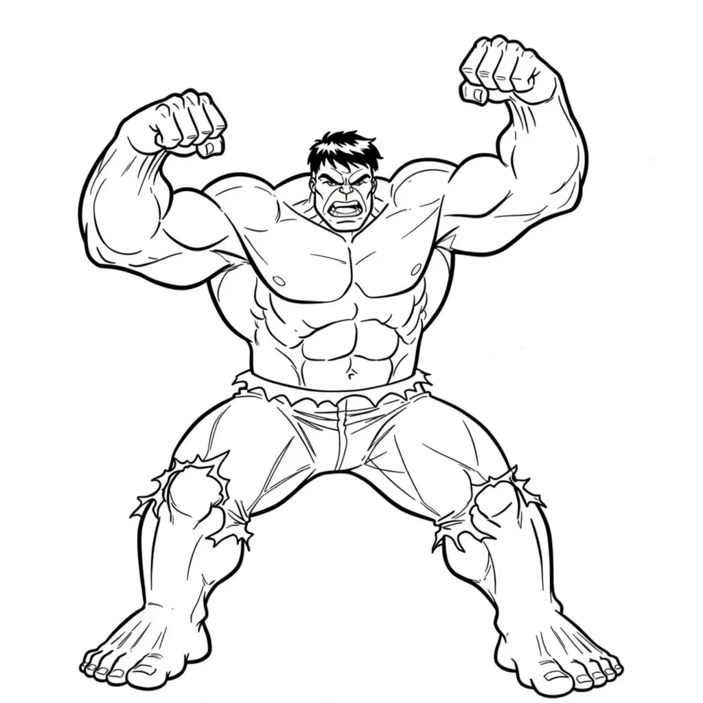 20 Hulk Ausmalbilder (Marvel Malvorlagen Kostenlos drucken) Hulk zeigt seine gewaltigen Muskeln in einer kraftvollen Siegerpose – ideales Ausmalbild für Superheldenfans