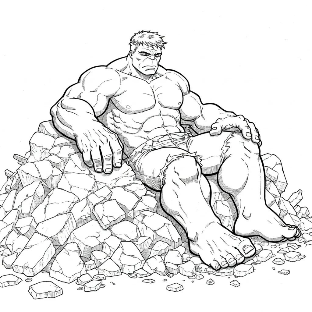20 Hulk Ausmalbilder (Marvel Malvorlagen Kostenlos drucken) Hulk schläft tief und fest nach einem anstrengenden Tag voller Kämpfe – ruhige Szene als Ausmalbild.