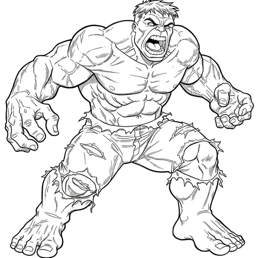 20 Hulk Ausmalbilder (Marvel Malvorlagen Kostenlos drucken) Hulk reißt vor Wut sein zerrissenes Shirt auseinander und brüllt laut – starkes Marvel Ausmalmotiv.