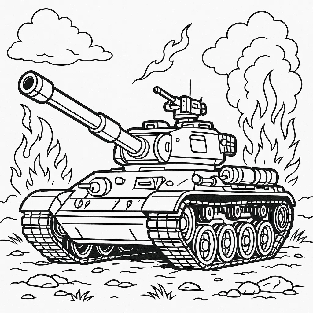 18 Panzer Ausmalbilder (Kostenlose Malvorlage zum Ausdrucken) Klassischer Army Panzer im Gefecht – detailliertes Panzer Ausmalbild mit realistischer Kampfszene