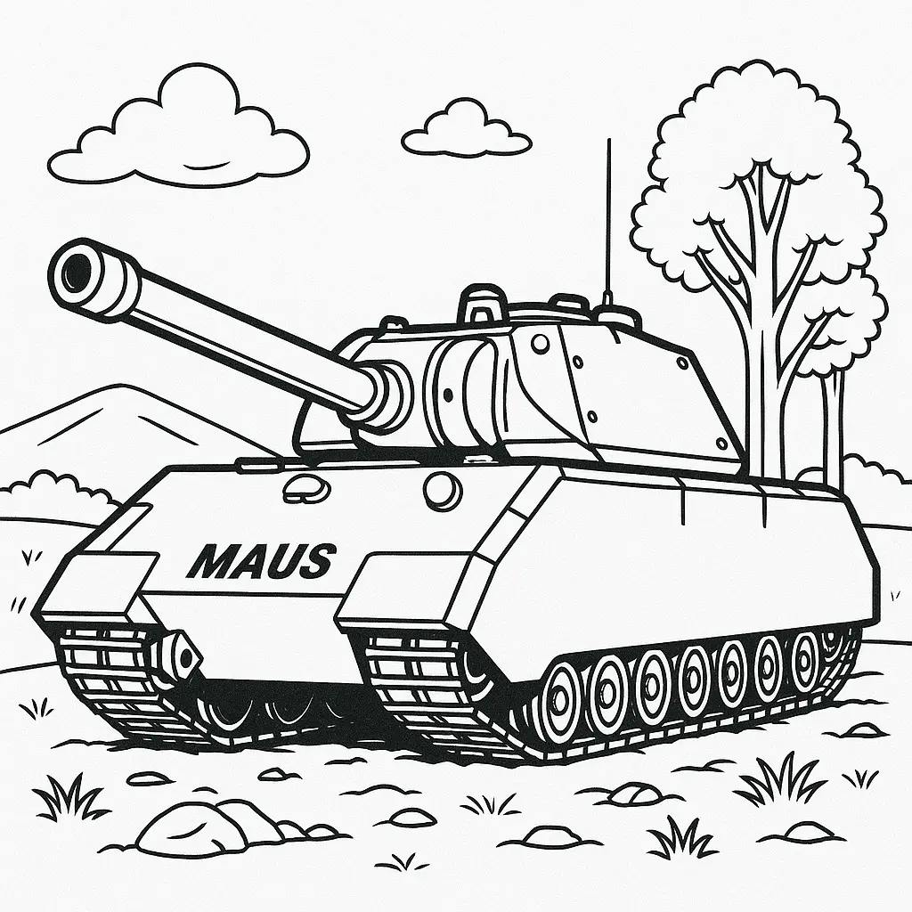 18 Panzer Ausmalbilder (Kostenlose Malvorlage zum Ausdrucken) Panzer Maus Ausmalbild – schwerer deutscher Panzer mit Landschaft im Hintergrund