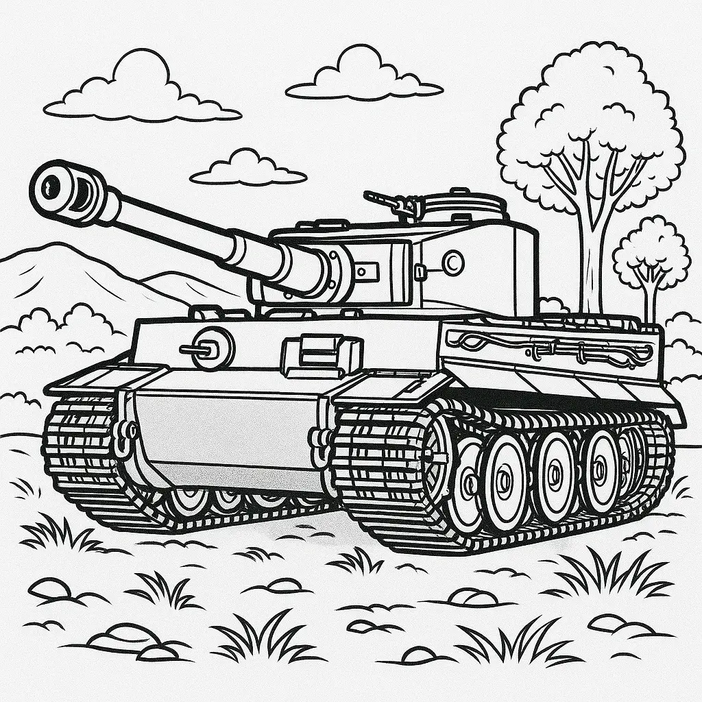 18 Panzer Ausmalbilder (Kostenlose Malvorlage zum Ausdrucken) Tiger I Panzer Ausmalbild – detaillierter schwerer Panzer in Landschaft mit Bäumen und Bergen