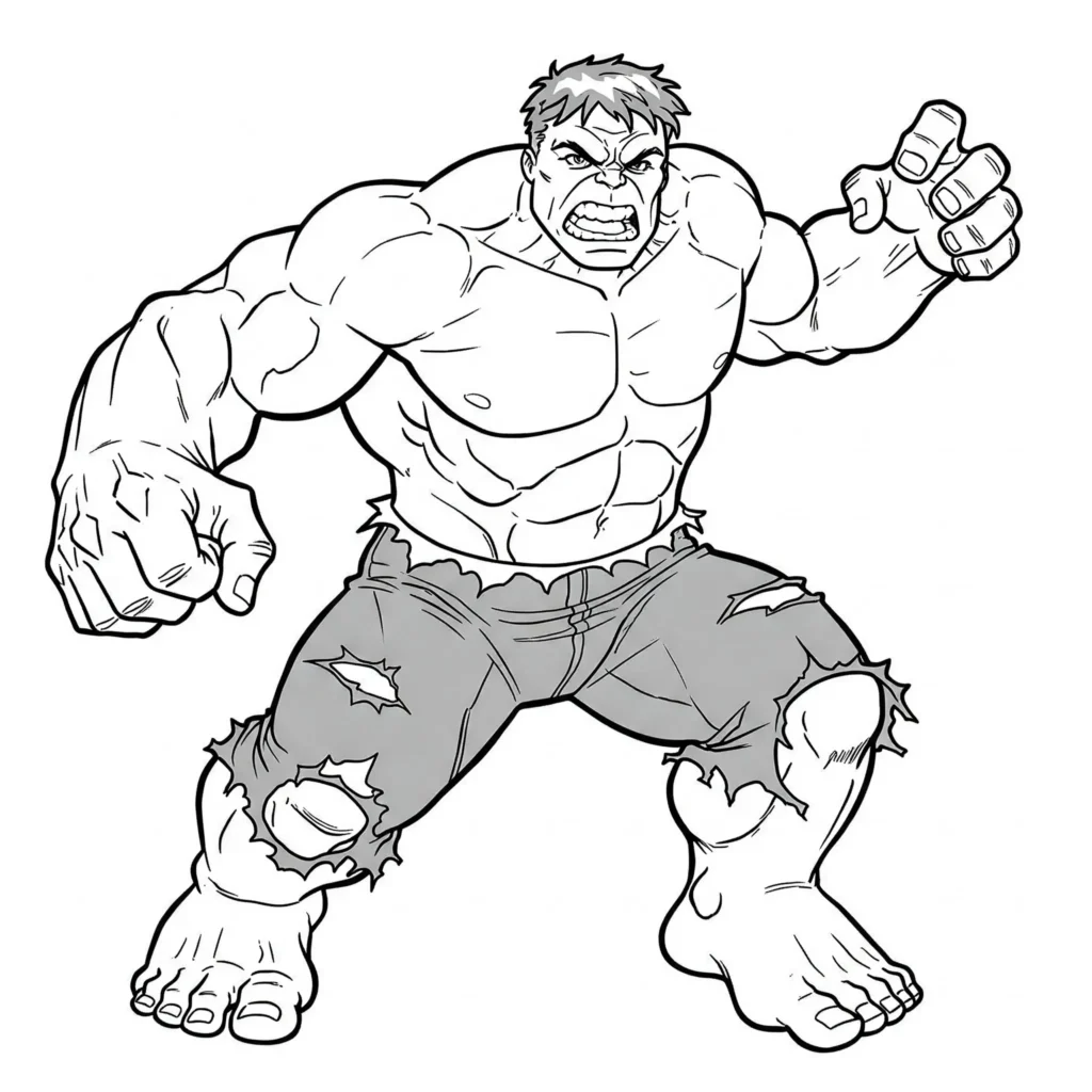 20 Hulk Ausmalbilder (Marvel Malvorlagen Kostenlos drucken) Hulk stürmt nach vorne, während die Avengers ihm folgen – episches Superhelden-Ausmalbild mit Action.