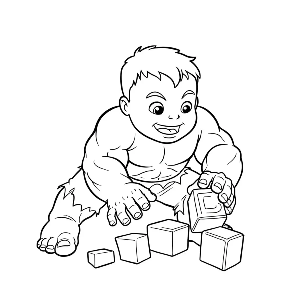 20 Hulk Ausmalbilder (Marvel Malvorlagen Kostenlos drucken) Baby Hulk krabbelt mit einem Teddybär in der Hand – niedliches Ausmalbild für kleine Marvel-Fans.
