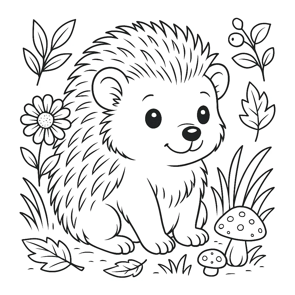 28 Ausmalbilder Igel (Kostenlose Malvorlage PDF zum drucken) Süßes Baby Igel Ausmalbild mit Blumen, Blättern und Pilzen