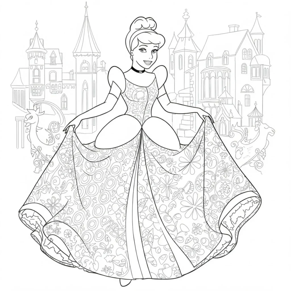 18 Cinderella Ausmalbilder (Aschenputtel Malvorlage drucken) Ausmalbild von Prinzessin Cinderella vor ihrem Schloss