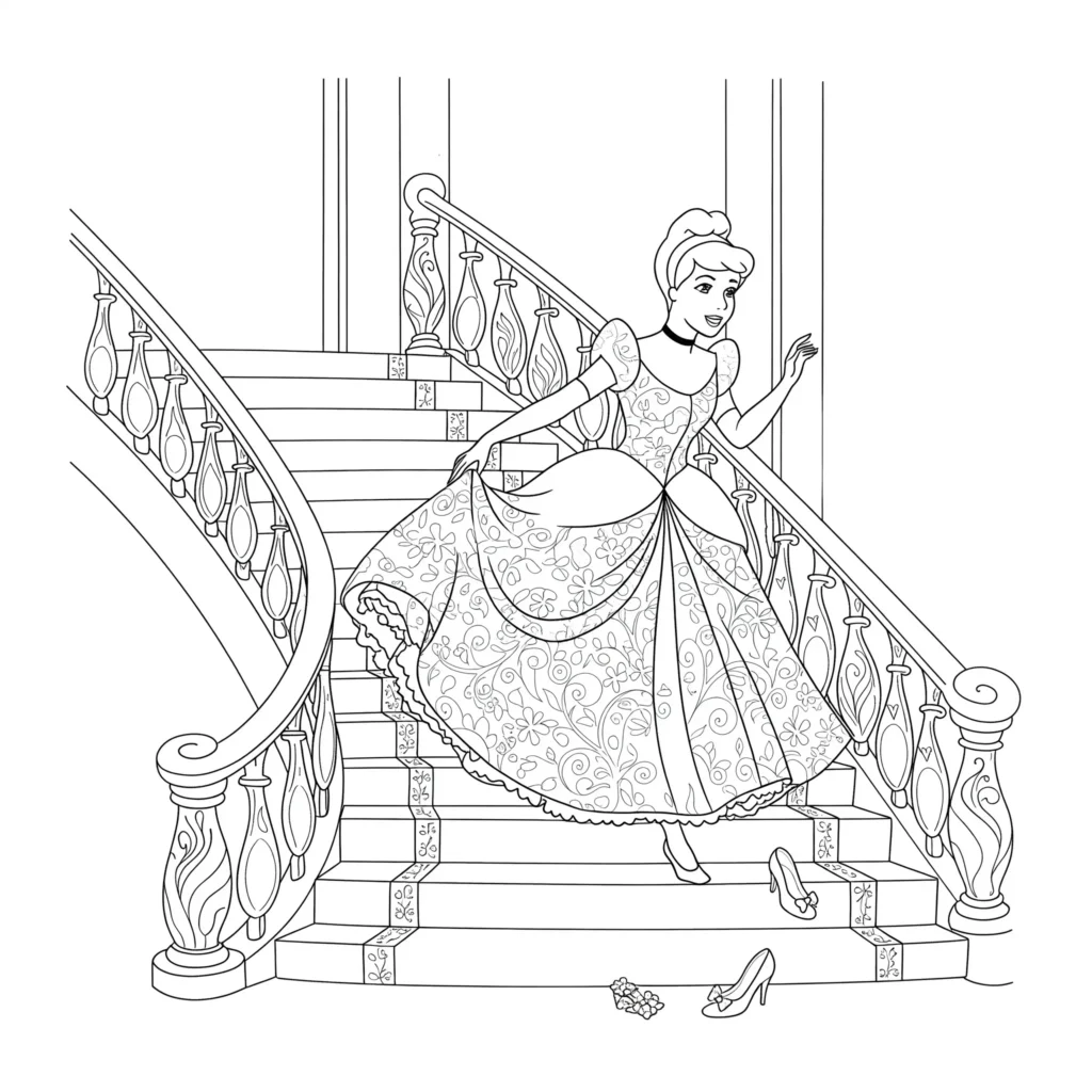 18 Cinderella Ausmalbilder (Aschenputtel Malvorlage drucken) Ausmalbild von Cinderella, die die Treppe hinunterläuft und ihren gläsernen Schuh verliert
