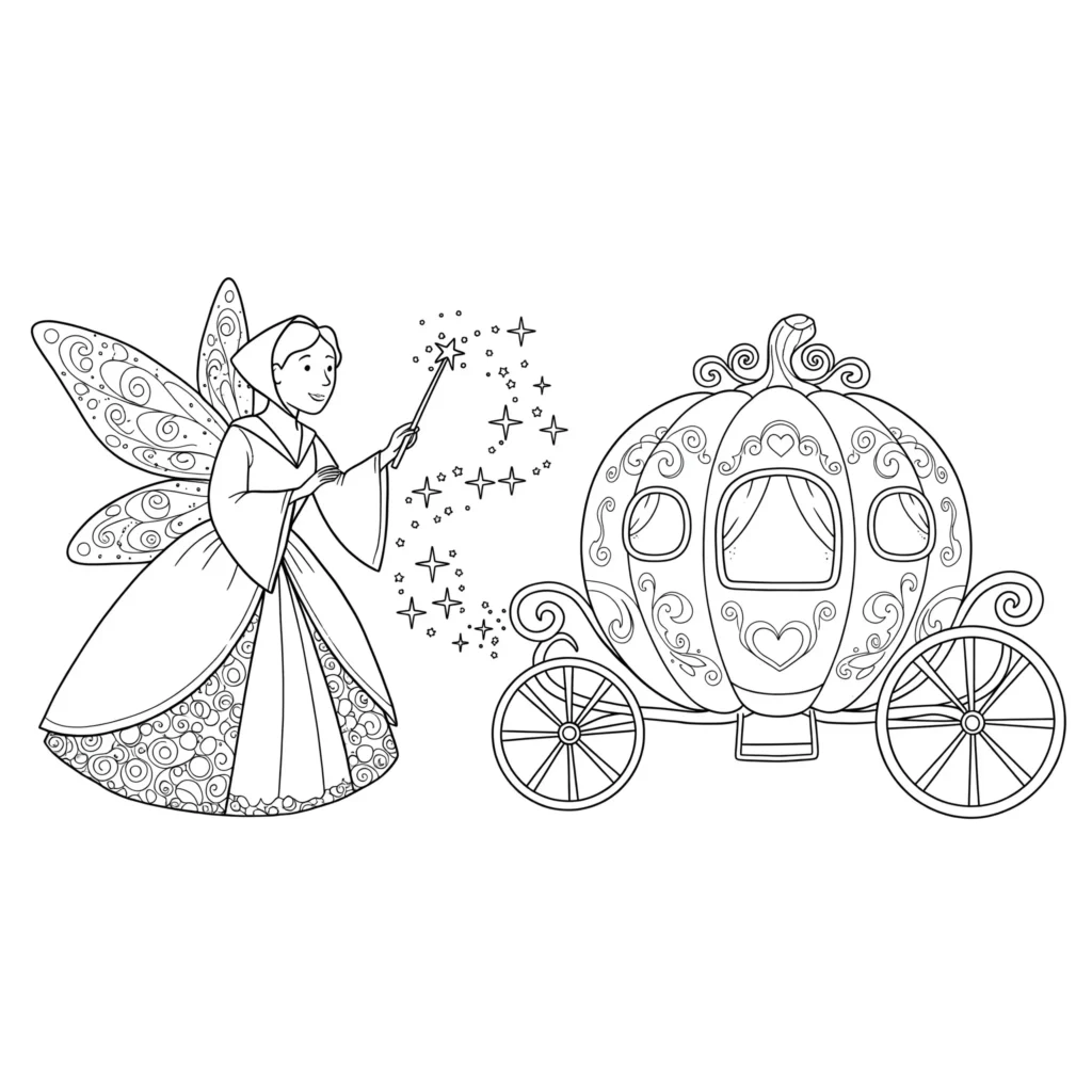 18 Cinderella Ausmalbilder (Aschenputtel Malvorlage drucken) Ausmalbild der guten Fee von Cinderella mit funkelndem Zauberstab