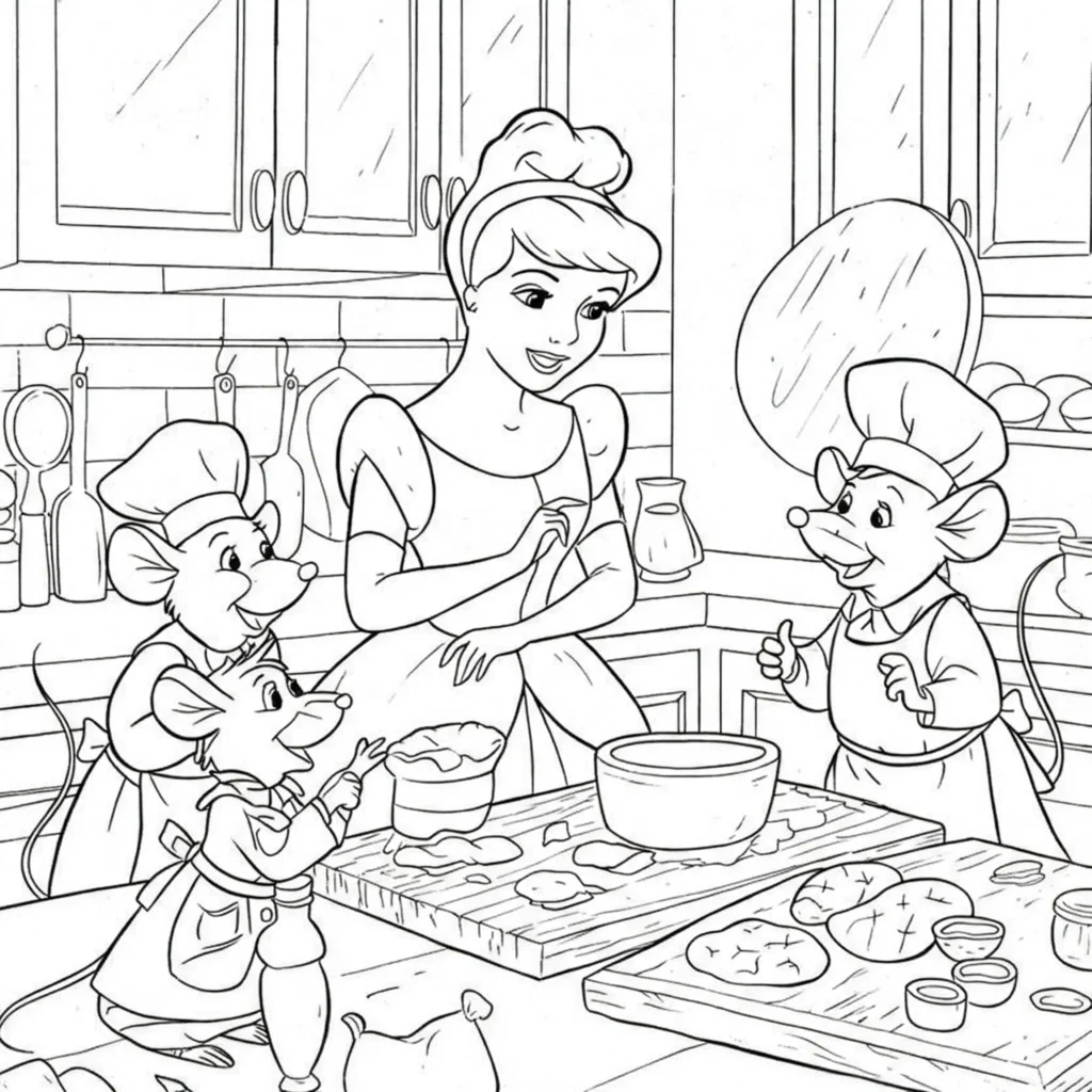 18 Cinderella Ausmalbilder (Aschenputtel Malvorlage drucken) Cinderella und Mäuse beim Backen in der Küche