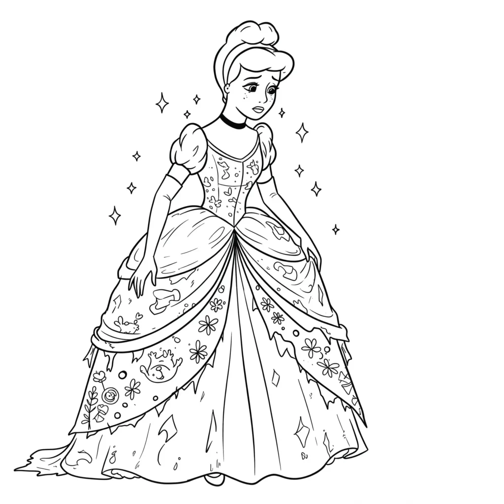18 Cinderella Ausmalbilder (Aschenputtel Malvorlage drucken) Ausmalbild von Cinderella in einem zerrissenen Kleid, traurig blickend
