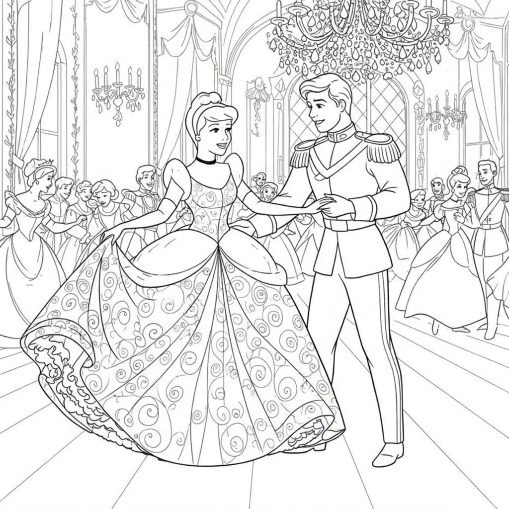 18 Cinderella Ausmalbilder (Aschenputtel Malvorlage drucken) Ausmalbild von Cinderella und ihrem Prinzen beim eleganten Tanz