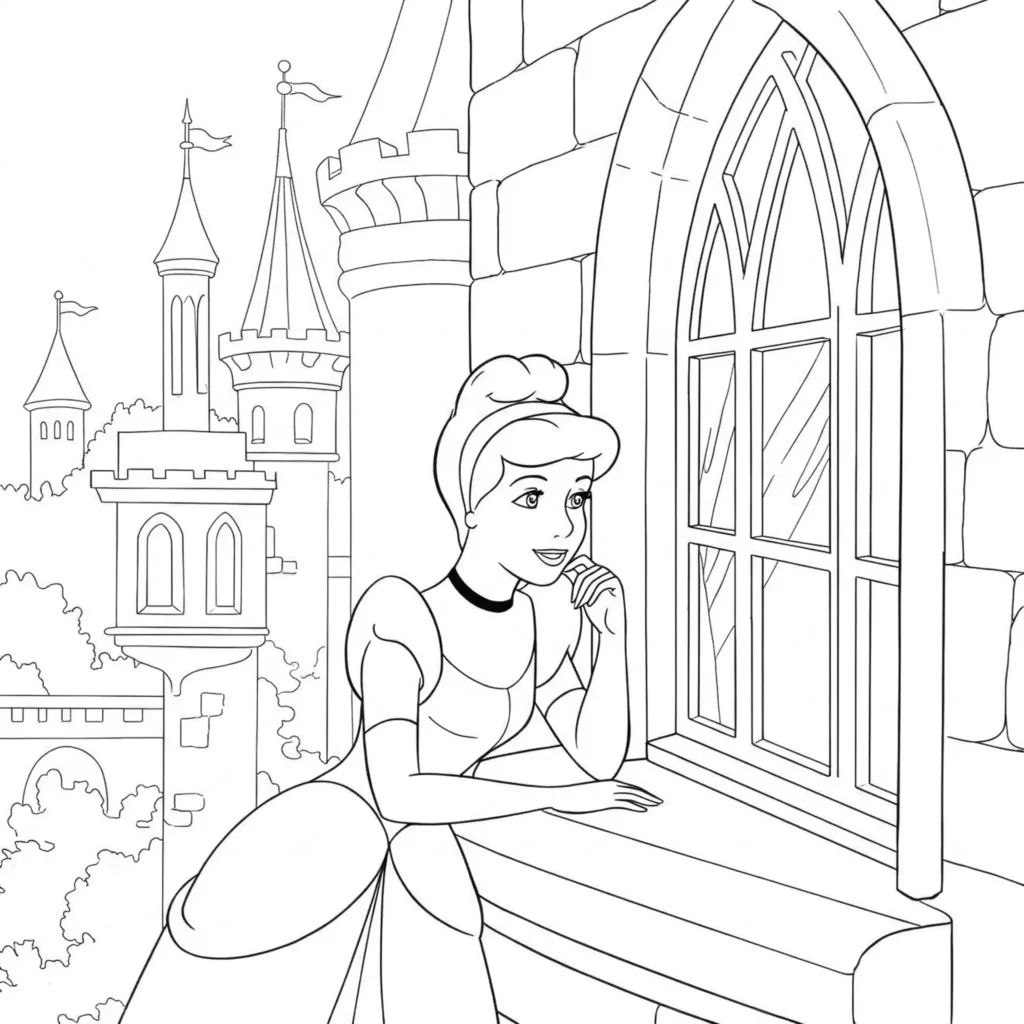 18 Cinderella Ausmalbilder (Aschenputtel Malvorlage drucken) Cinderella träumt am Schlossfenster
