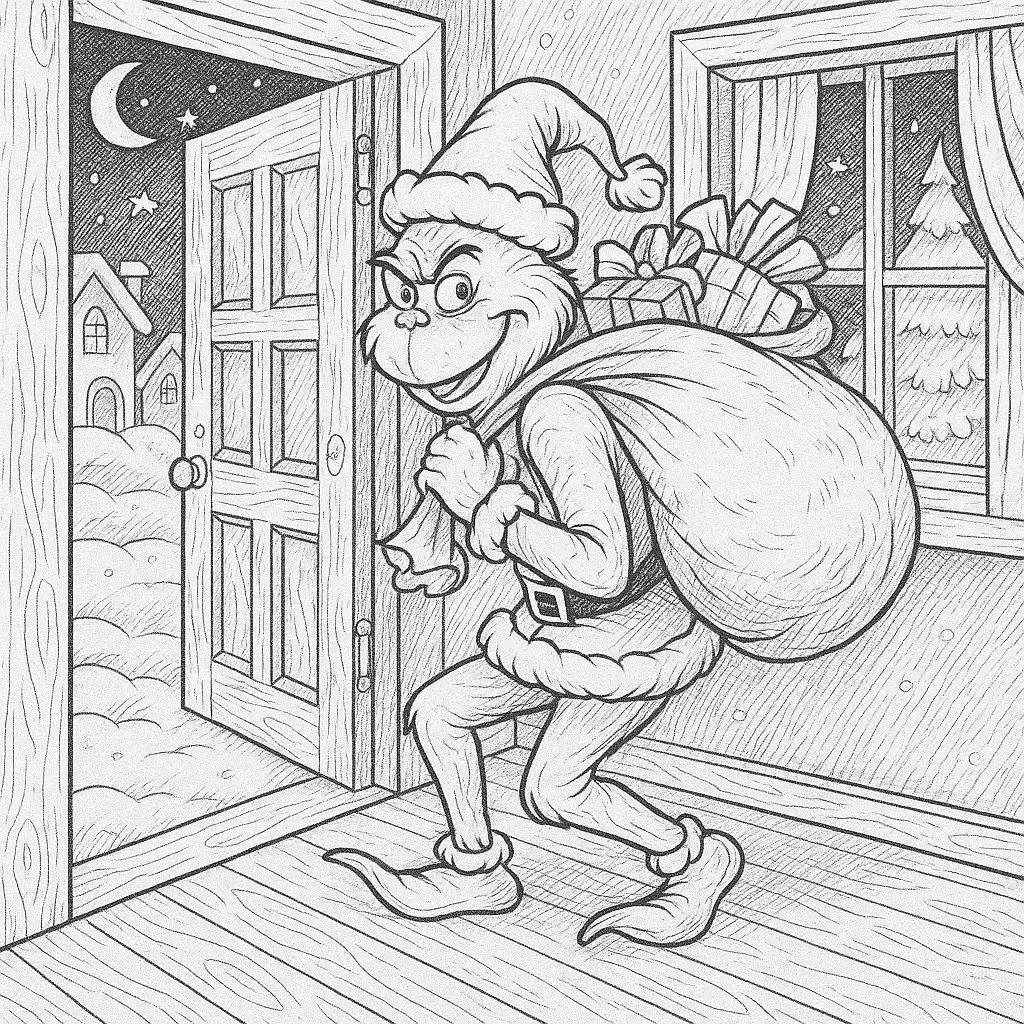 20+ Grinch Ausmalbilder (Gratis Malvorlage zum Ausdrucken) Ausmalbild des Grinch, der heimlich mit Geschenkesack in ein Haus schleicht