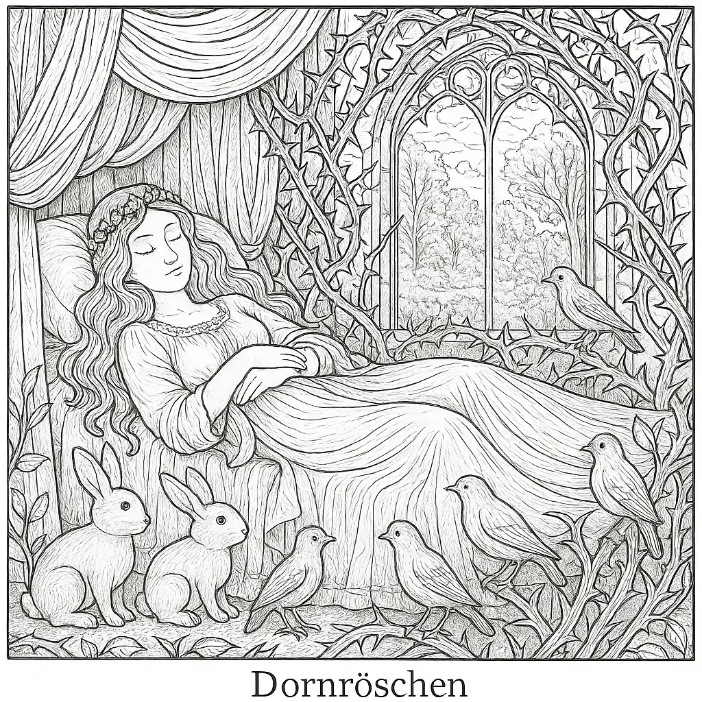 14 Dornröschen Ausmalbilder (Gratis Malvorlagen zum drucken) Dornröschen schläft auf einem verzierten Bett im Schloss, umgeben von Tieren und Dornenranken