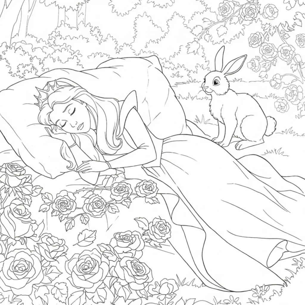 14 Dornröschen Ausmalbilder (Gratis Malvorlagen zum drucken) Dornröschen und Hase Malvorlage: schlafende Prinzessin in einem verwunschenen Wald, begleitet von einem sitzenden Hasen