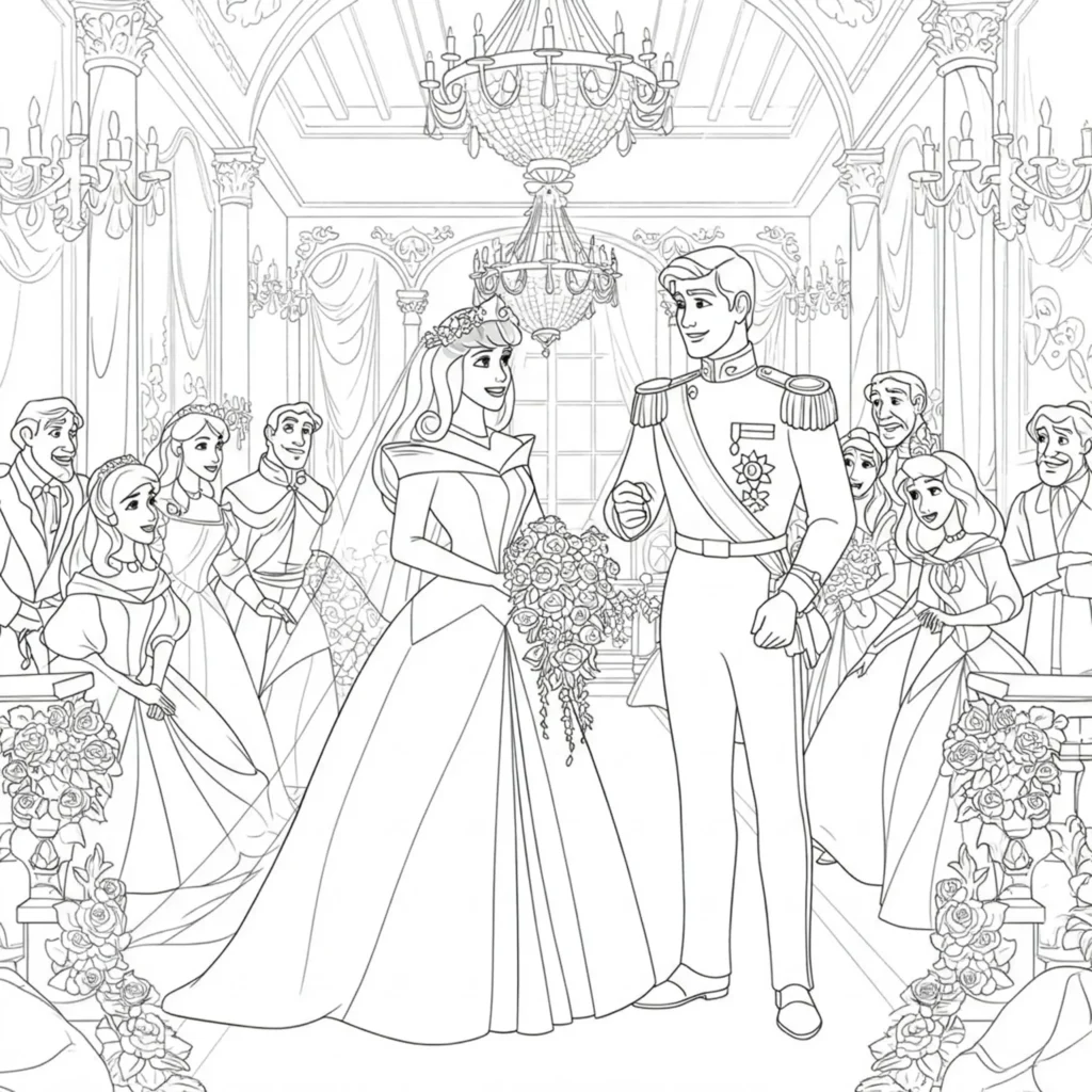 14 Dornröschen Ausmalbilder (Gratis Malvorlagen zum drucken) Dornröschen und der Prinz feiern ihre Hochzeit im Schlossgarten unter einem Rosenbogen