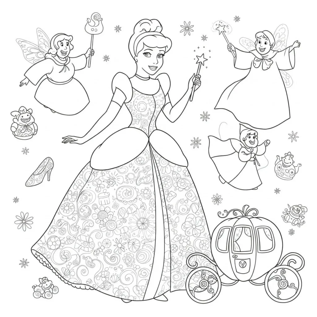 18 Cinderella Ausmalbilder (Aschenputtel Malvorlage drucken) Ausmalbild von Fee und Cinderella in einer zauberhaften Szene