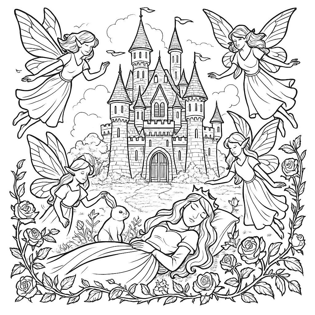 14 Dornröschen Ausmalbilder (Gratis Malvorlagen zum drucken) Dornröschen schläft vor einem Schloss, während Feen schützend um sie fliegen