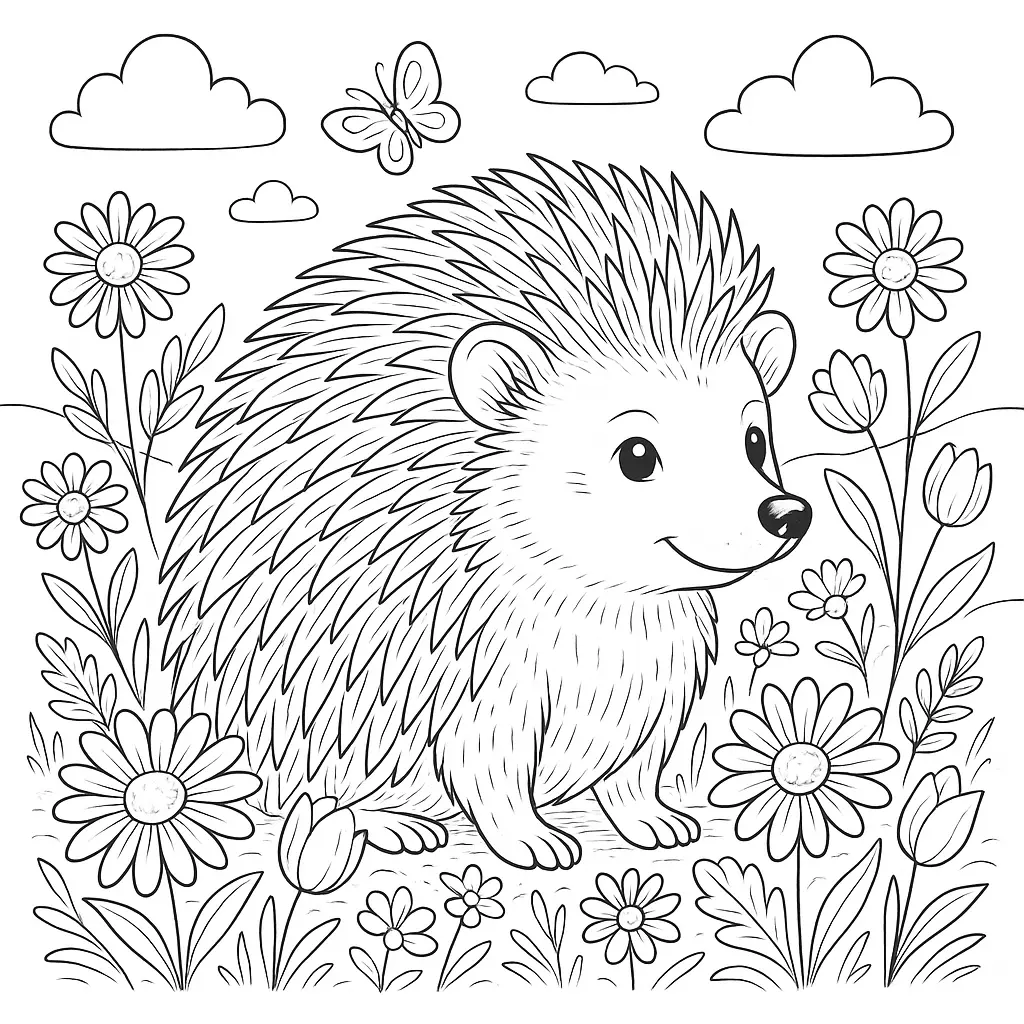 28 Ausmalbilder Igel (Kostenlose Malvorlage PDF zum drucken) Igel in einer bunten Frühlingswiese mit vielen Blumen und flatterndem Schmetterling – ideal zum Ausmalen für Kinder.