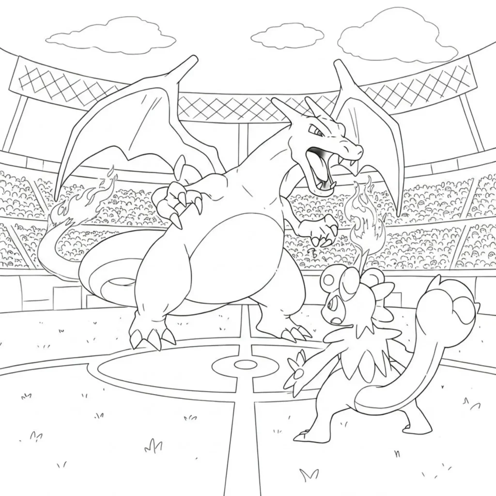 20 Glurak Ausmalbilder (Gratis Malvorlage zum Ausdrucken) gigadynamax glurak ausmalbild mit Glurak im Stadionkampf gegen ein anderes Pokémon