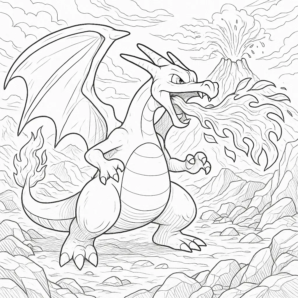 20 Glurak Ausmalbilder (Gratis Malvorlage zum Ausdrucken) Charizard Ausmalbild (Glurak Malvorlage) mit Vulkanhintergrund