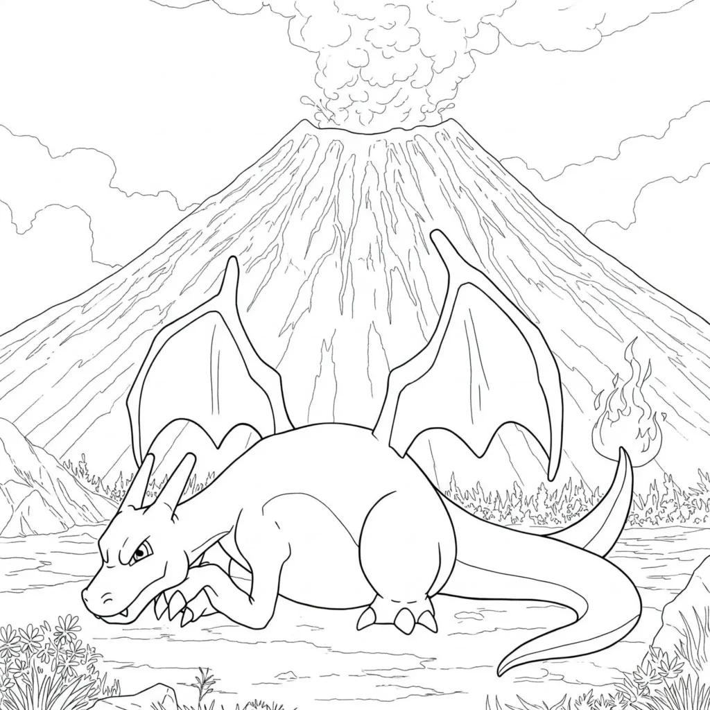 20 Glurak Ausmalbilder (Gratis Malvorlage zum Ausdrucken) Glurak Vulkan Ausmalbild mit Glurak ruhend neben dem Vulkan