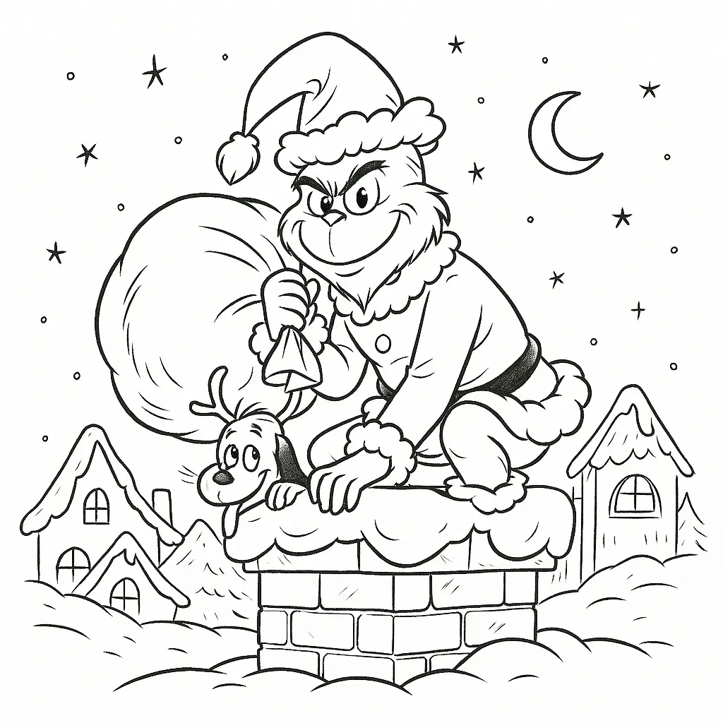 20+ Grinch Ausmalbilder (Gratis Malvorlage zum Ausdrucken) Ausmalbild des Grinch in Santa-Kostüm, wie er auf einem schneebedeckten Kamin in Whoville hockt und eine Geschenkesack hält