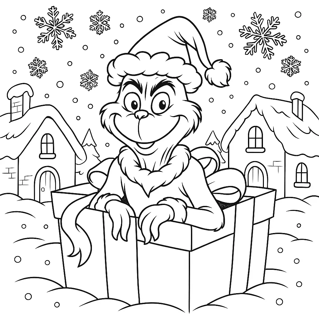 20+ Grinch Ausmalbilder (Gratis Malvorlage zum Ausdrucken) Ausmalbild des Grinch, wie er schelmisch aus einer riesigen Geschenkbox spitzt