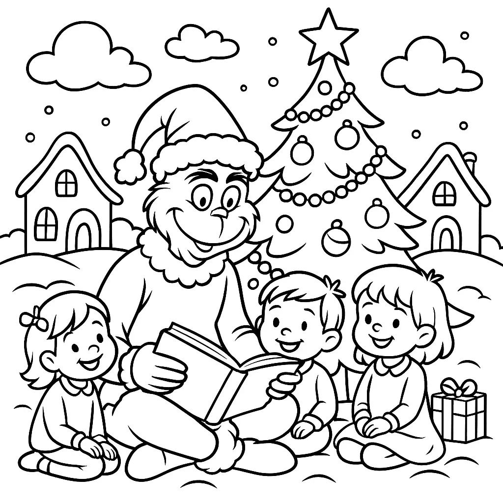 20+ Grinch Ausmalbilder (Gratis Malvorlage zum Ausdrucken) Grinch-Ausmalbild für Kinder mit dem Grinch, der in Whoville am Weihnachtsbaum eine Geschichte vorliest