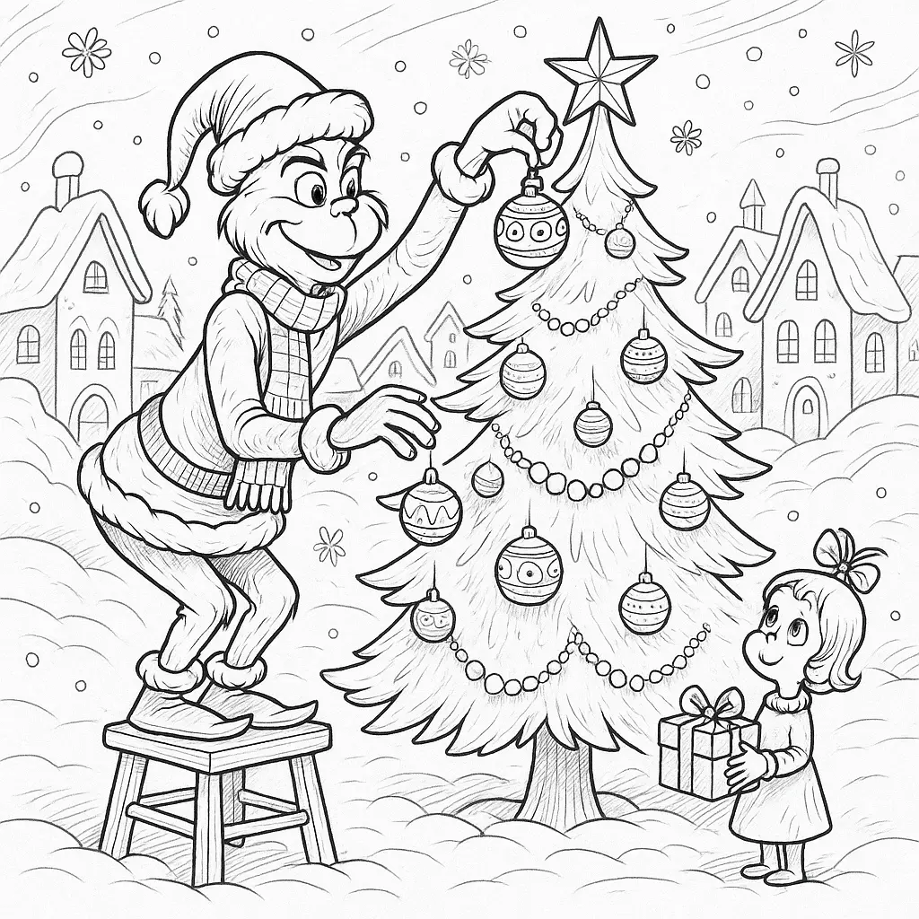 20+ Grinch Ausmalbilder (Gratis Malvorlage zum Ausdrucken) Grinch-Ausmalbild: Grinch schmückt Weihnachtsbaum in Whoville