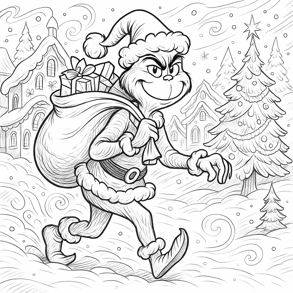 20+ Grinch Ausmalbilder (Gratis Malvorlage zum Ausdrucken) Grinch-Ausmalbild mit winterlichem Whoville-Hintergrund