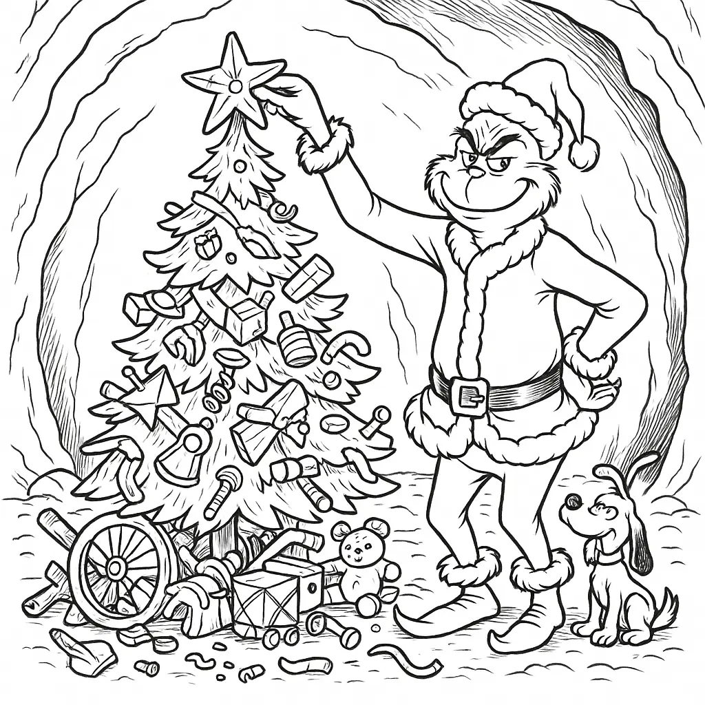 20+ Grinch Ausmalbilder (Gratis Malvorlage zum Ausdrucken) Grinch baut in seiner Höhle einen Weihnachtsbaum aus Schrott und altem Spielzeug