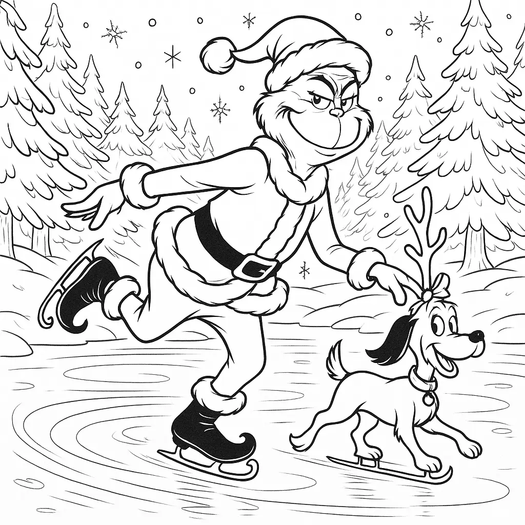 20+ Grinch Ausmalbilder (Gratis Malvorlage zum Ausdrucken) Grinch und Max als Rentier eislaufen auf einem zugefrorenen Teich im verschneiten Winterwald