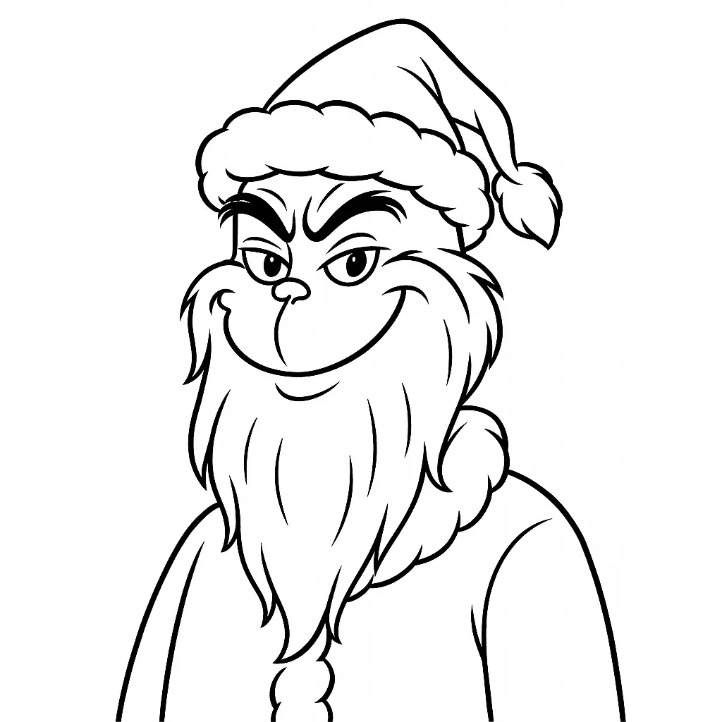 20+ Grinch Ausmalbilder (Gratis Malvorlage zum Ausdrucken) Ausmalbild des Grinch mit langem falschem Bart und schiefem Grinsen