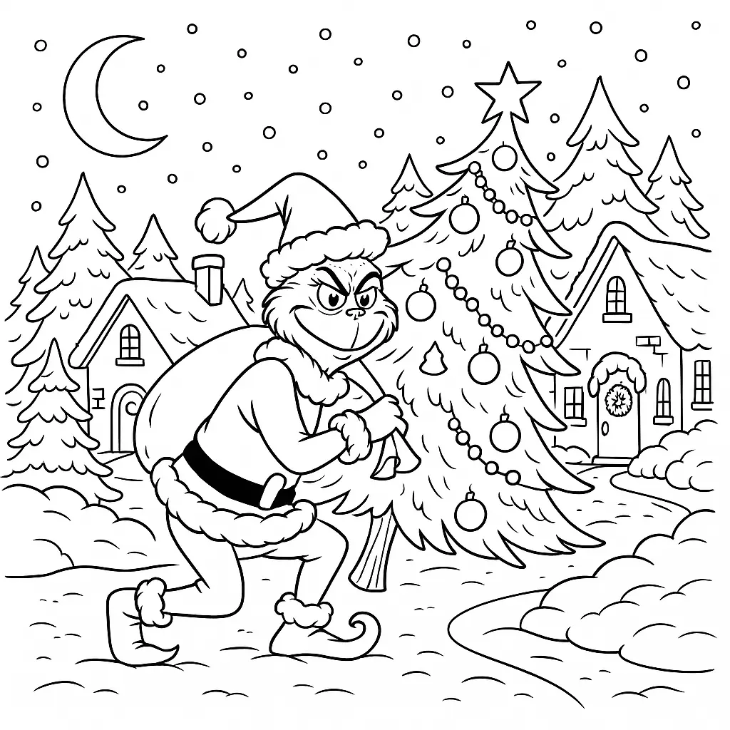 20+ Grinch Ausmalbilder (Gratis Malvorlage zum Ausdrucken) Grinch-Malvorlage: Grinch stiehlt geschmückten Weihnachtsbaum im Whoville-Hinterhof