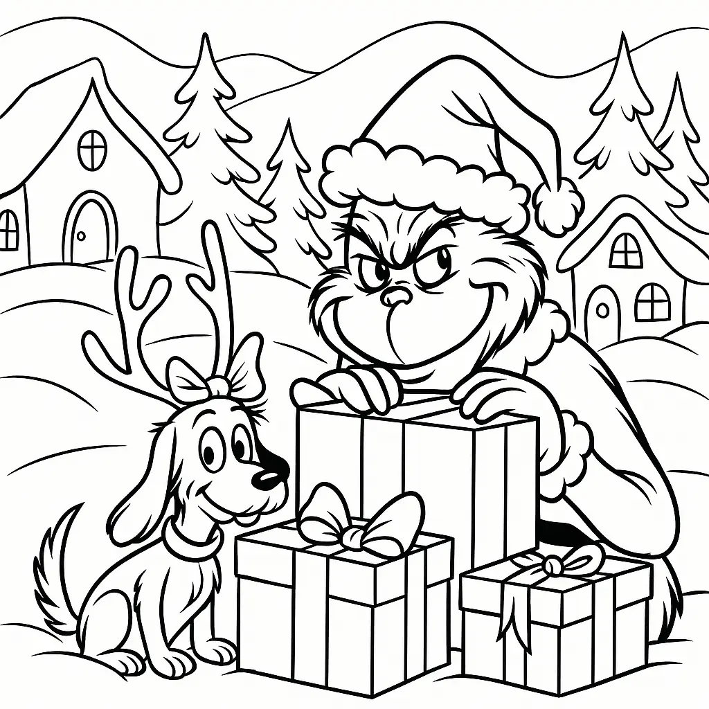 20+ Grinch Ausmalbilder (Gratis Malvorlage zum Ausdrucken) Grinch und Max verstecken sich hinter einem Stapel Weihnachtsgeschenke in Whoville